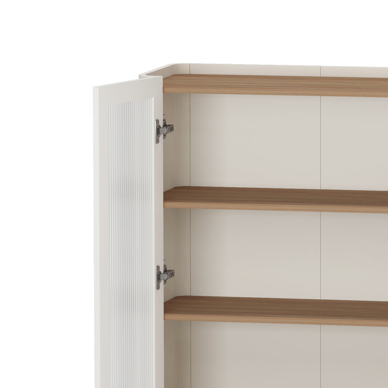 Abbey Modern Tempered Glass Bookcase Cabinet with Adjustable Shelves in Maple and Off White, Maple/Off white