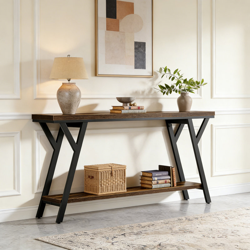 70.9" Industrial 2-Tier Console Table, Rustic Wood & Black Metal Sofa Hallway Table