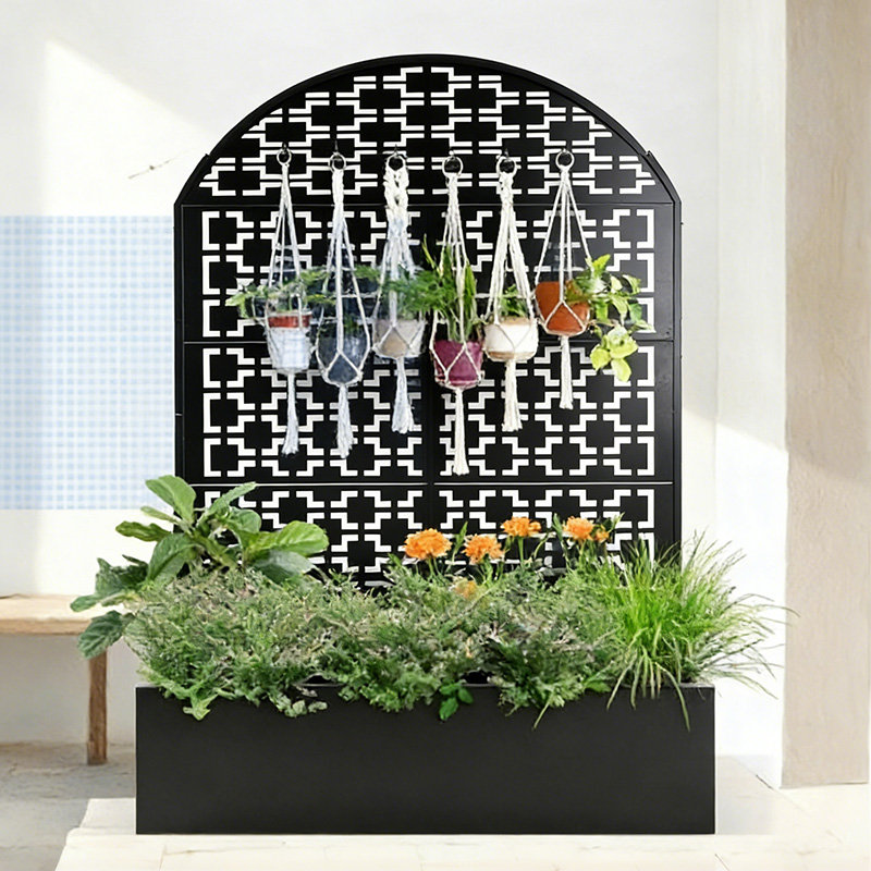 70.87" Tall Metal Arched Privacy Screen with Planter Box, Freestanding Decorative Fence Planter for Patio Balcony Backyard