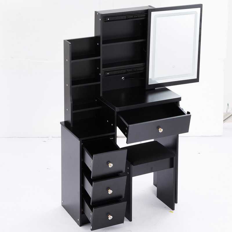 Black Dressing Table And Stool - 2 Ac & , Touch Control Led Mirror With , American Design Small Bedroom Chair, + Chargers, Large Sliding Touch-Control Mirror, , , Finish