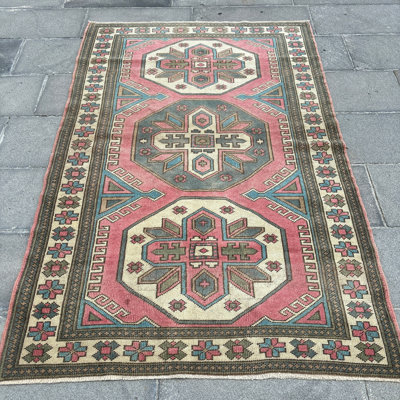 Vintage Turkish Anatolian Wool Rug in Muted Pink for Kitchen or Bedroom Decor