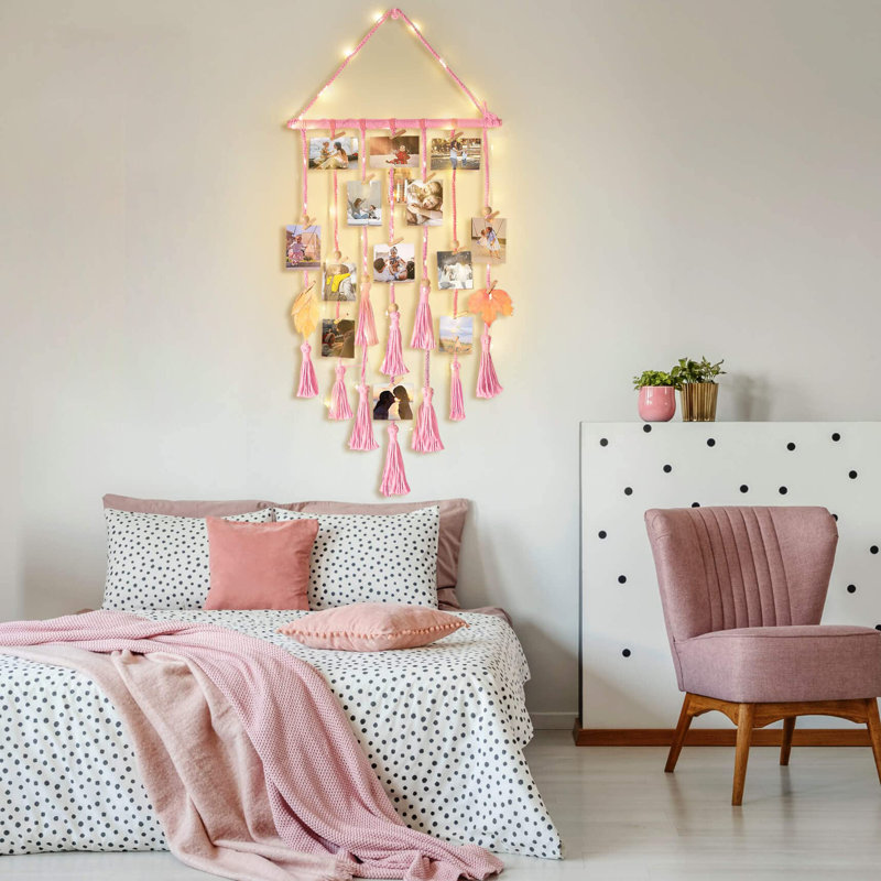 Macrame Photo Display Wall Decor with Lights, 30 Clip Picture Frame Collage, Pink