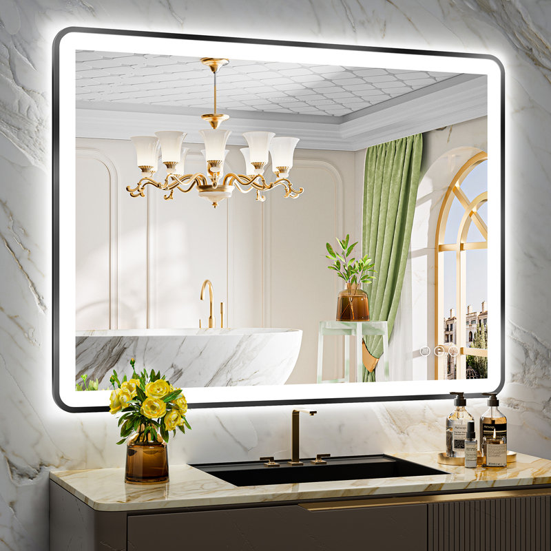 Miroir de salle de bain Hyosvany Matte Black Matel, 48" x 36"