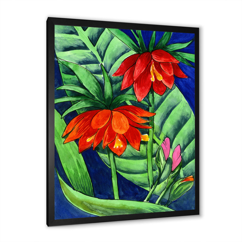 Aquarelle de fleurs rouges tropicales - peinture, H 20 po x l 12 po, Cadre photo noir