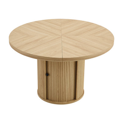 Table de salle à manger de 47,2 pouces de style rond en bois avec piédestal à colonne romaine, fonction à deux niveaux, idéale pour les réceptions. Conception à deux couches, forme élégante, stratifié facile d'entretien, réunions de famille