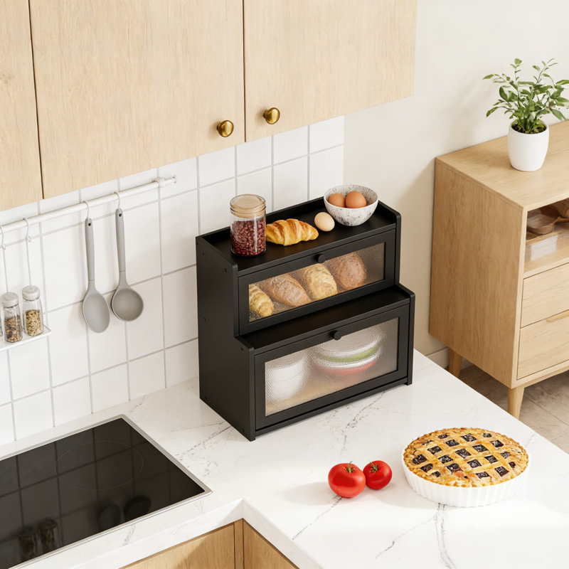Large Bamboo Bread Box With Double Layer Storage, Countertop Bread Keeper With Translucent Window And Magnetic Closure For Kitchen Organization