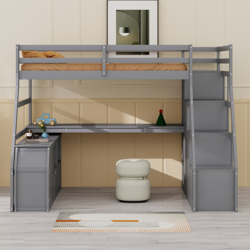 Lit mezzanine avec tiroirs, tablettes et bureau, Gris