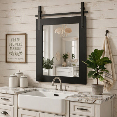 18x26 Inch Farmhouse Rustic Wood Framed Bathroom Mirror, Black