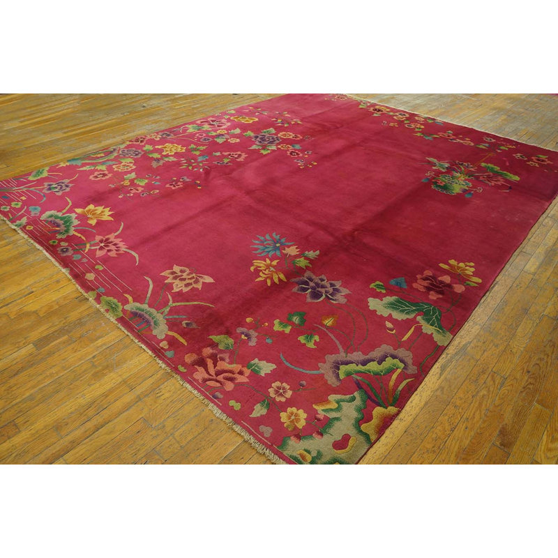 Chinese Art Deco 1920s Antique Rectangle Knotted Room Size Coral Wool Rug
