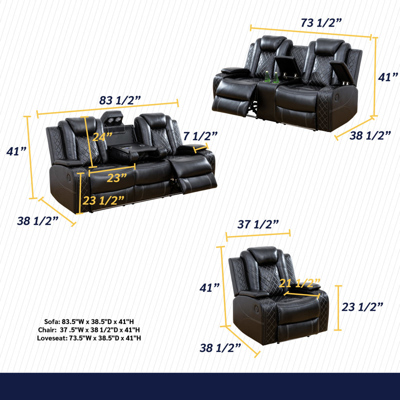 Maceson 3 - Piece Movie Theater Recliner Set with LED Light
