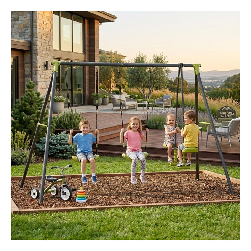 Ensemble de balançoires en métal à triple siège pour enfants - Équipement de jeu extérieur vert d'une capacité de 440 lb