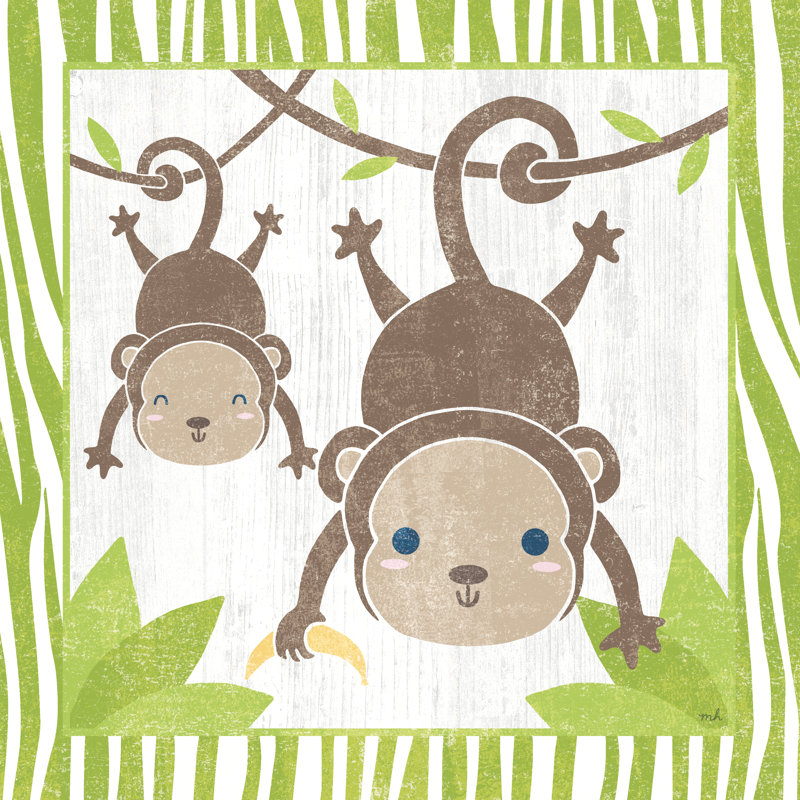 «Safari Fun Monkey» par Moira Hershey, reproduction à la machine, H 12 po x l 12 po, Cadre simple argenté, Non