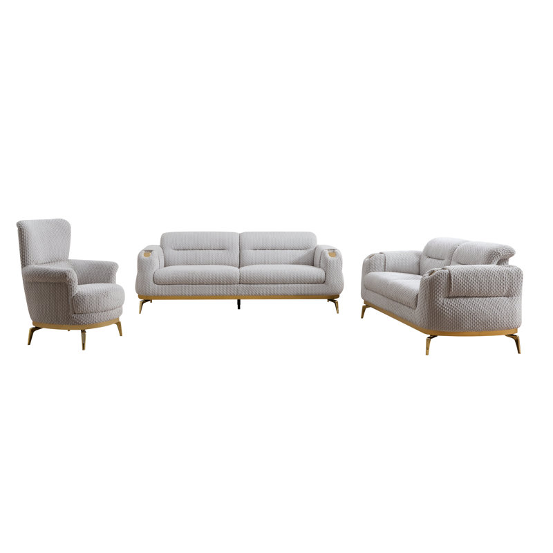Valencia Gilded Elegance 3-Piece Living Room Set, Grey