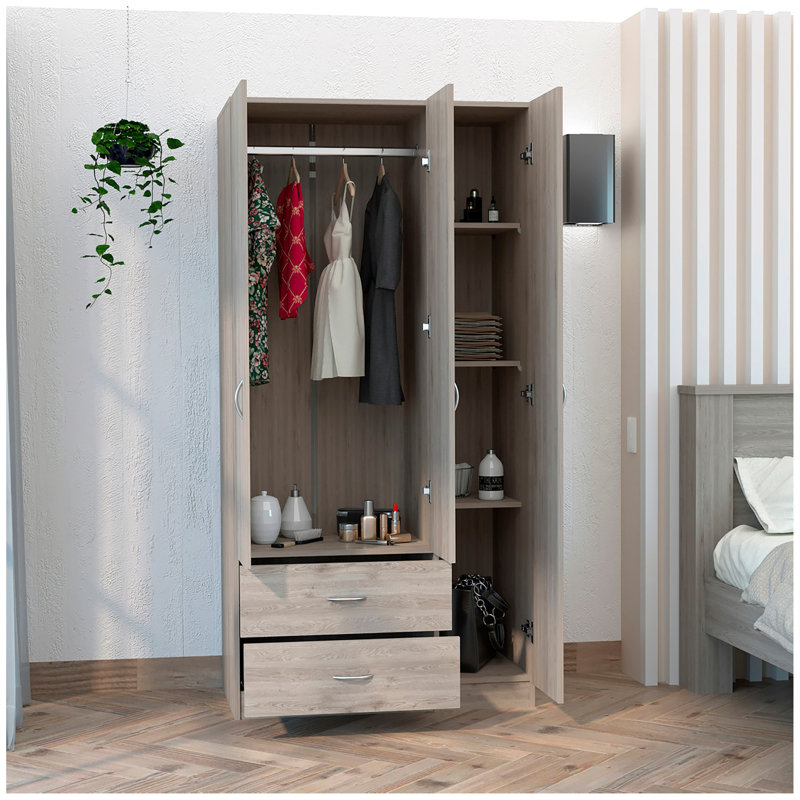 Armoire 3 portes avec deux tiroirs, tablettes et barre de suspension austral, Gris clair