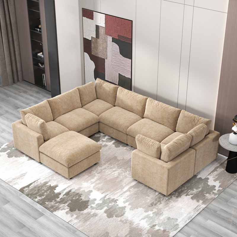 Kessi 8-Piece Upholstered Modern Chenille Fabric Modular Sectional Sofa With Ottoman, Khaki Chenille