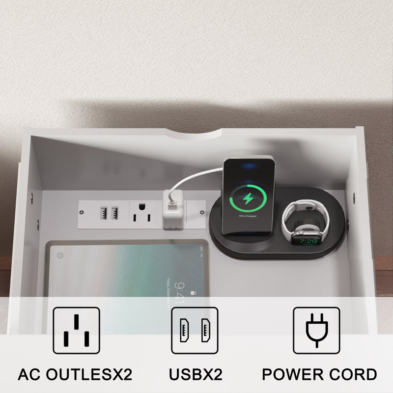 Emmakay Nightstand with Wireless Charging Station, LED Light and 2 Drawers, Individual
