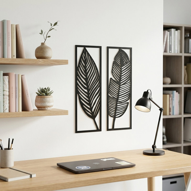 Metal Leaf Wall Art Set of 2, Vertical Wall Art in Black Metal for Industrial Decor