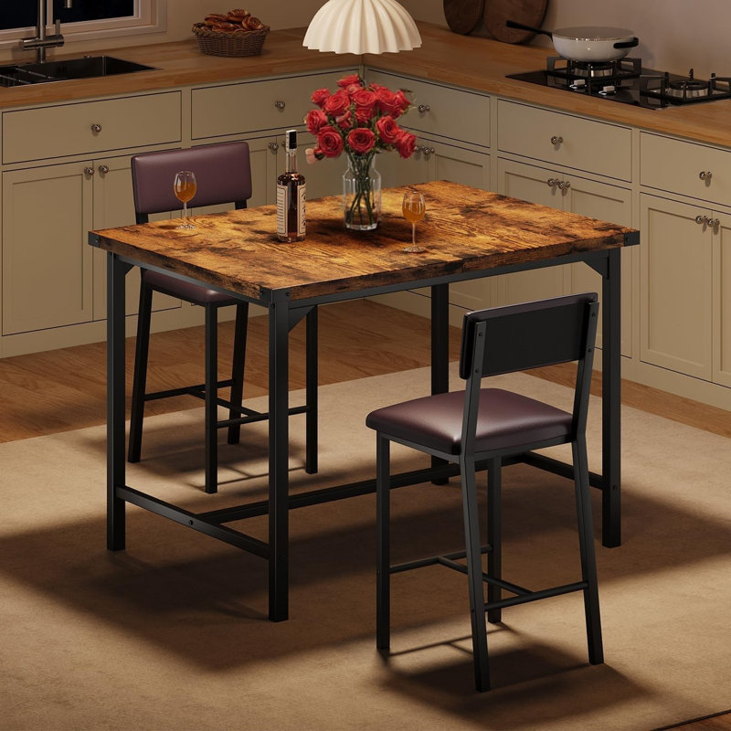 Ensemble de table de salle à manger Garvee pour 2 personnes avec repose-pieds et protecteur d'angle, ensemble de table de cuisine 3 pièces avec dossier, table à hauteur de comptoir avec 2 tabourets de bar rembourrés pour la salle à manger, appartement