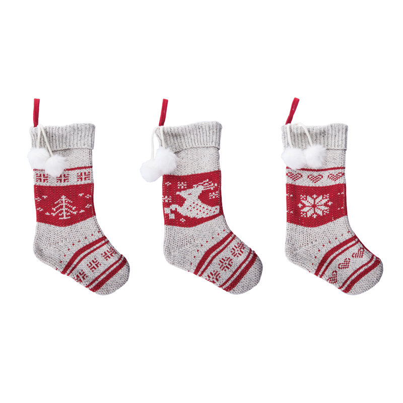  Fabric Plush Striped Stocking w/Pom Pom Set of 3 Christmas Home Decorations