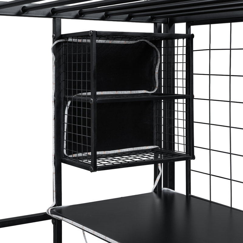 Lit mezzanine double en métal pleine grandeur noir avec poste de travail intégré, garde-robe et rangement à DEL pour créer un espace de travail créatif