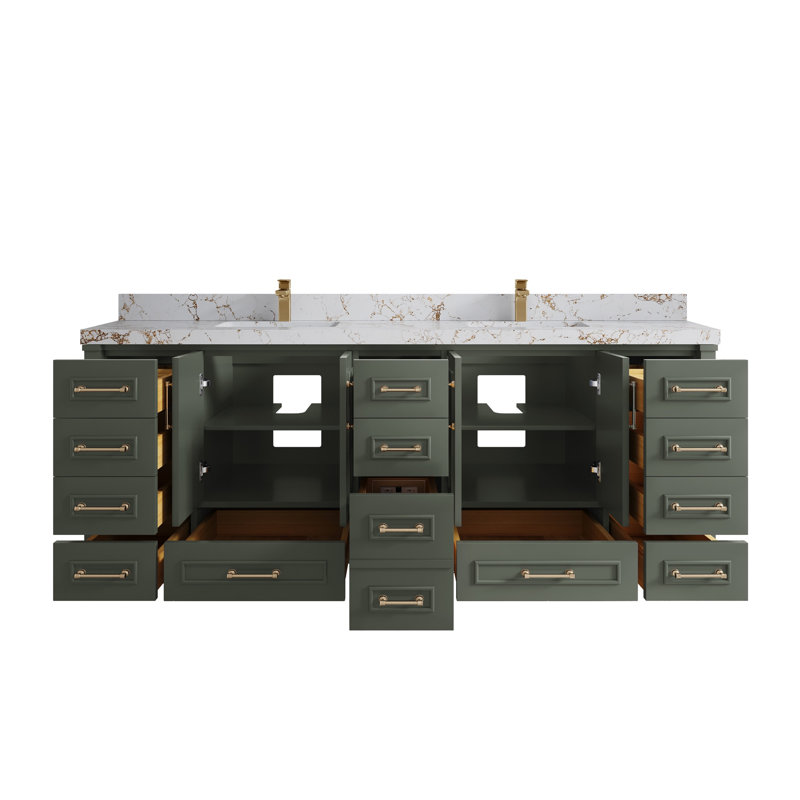 Meuble-lavabo double 84 po avec comptoir en quartz Aberdeen, Doré Viola, Gris