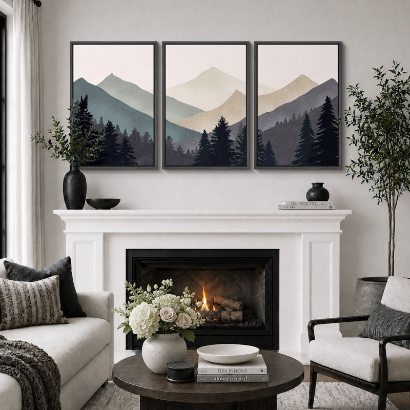 «Sun Mountain Landscape», œuvre abstraite de forêt neutre, images murales minimalistes modernes, impression sur toile encadrée, 3 pièces