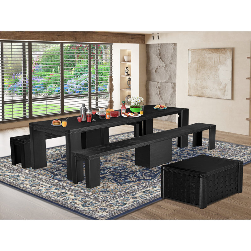 4A6E5D2FA6B24F41BBD6EDBAFA430A05 - Ensemble de 4 tables de cuisine - 1 table rectangulaire, 1 table basse et 2 bancs, noir brossé.