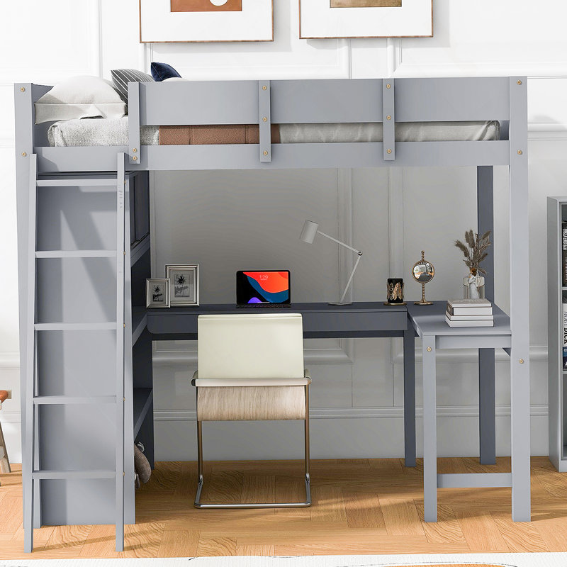 Lit mezzanine avec bureau et tablette Kayllum, Gris