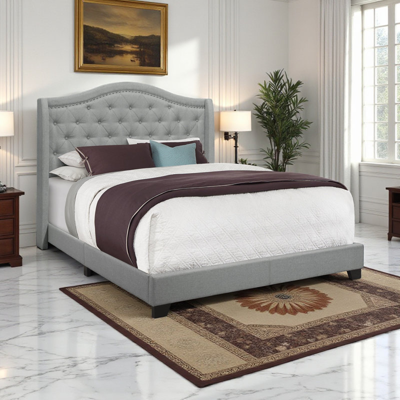 Grand lit transitionnel Daru en velours gris, H 56,36 po x l 66,29 po x L 87,38 po