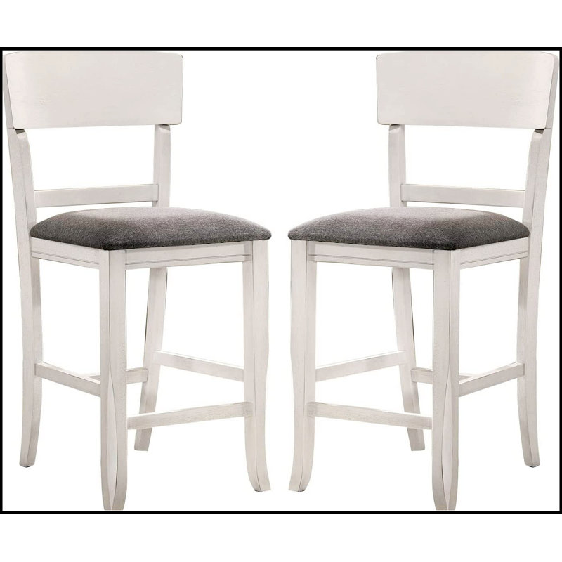 Ensemble de 2 chaises de salle à manger à hauteur de comptoir Contemporary, structure en bois massif blanc avec sièges en tissu rembourré gris pour plus de confort et de style
