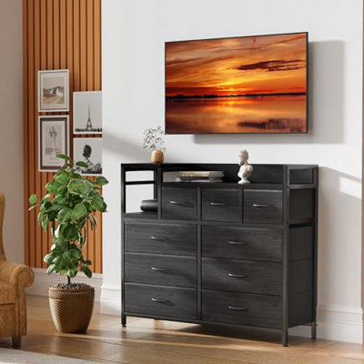 9-Drawer Fabric Dresser with Wood Top, Heavy-Duty Steel Frame Storage Organizer Tower for Bedroom, Closet, Living Room, Hallway, Easy Assembly