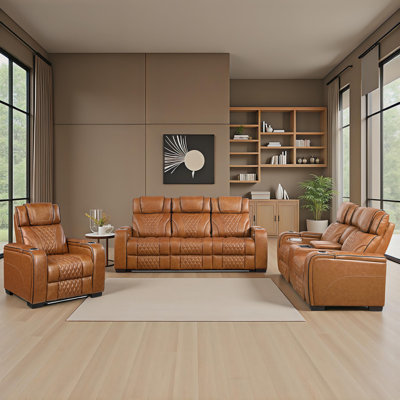 Keller 3-Piece Modern & Contemporary Power Reclining Living Room Set - Leather Power Reclining Chair, Loveseat & Sofa with Power Headrests, Drop-Down by Hokku Designs