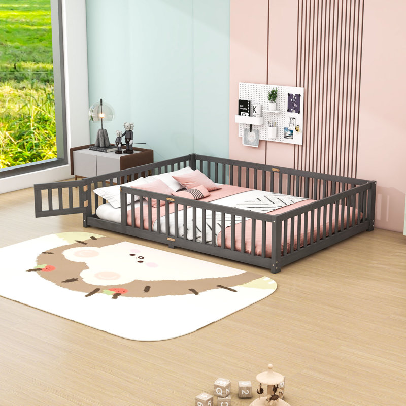 Wood Floor Bed with Door and Safety Rails, Queen