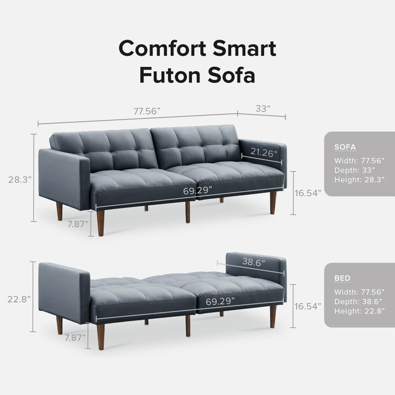 Reiana Twin 76.8'' Faux Leather Convertible Sofa, Cloud Gray Faux Leather