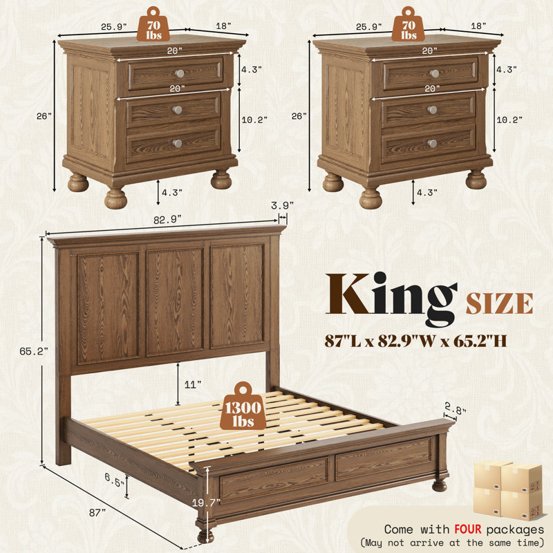 Ensemble de chambre à coucher classique en bois massif 3 pièces, comprenant un très grand lit de 65 po et deux tables de chevet, brun clair