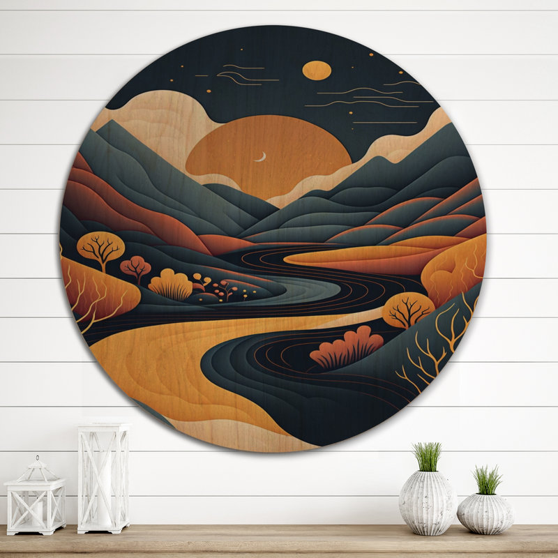 Lune orange avec graphique Blue River Mountains - paysage de montagnes, impression sur bois jaune, H 36 po x l 36 po x P 1 po