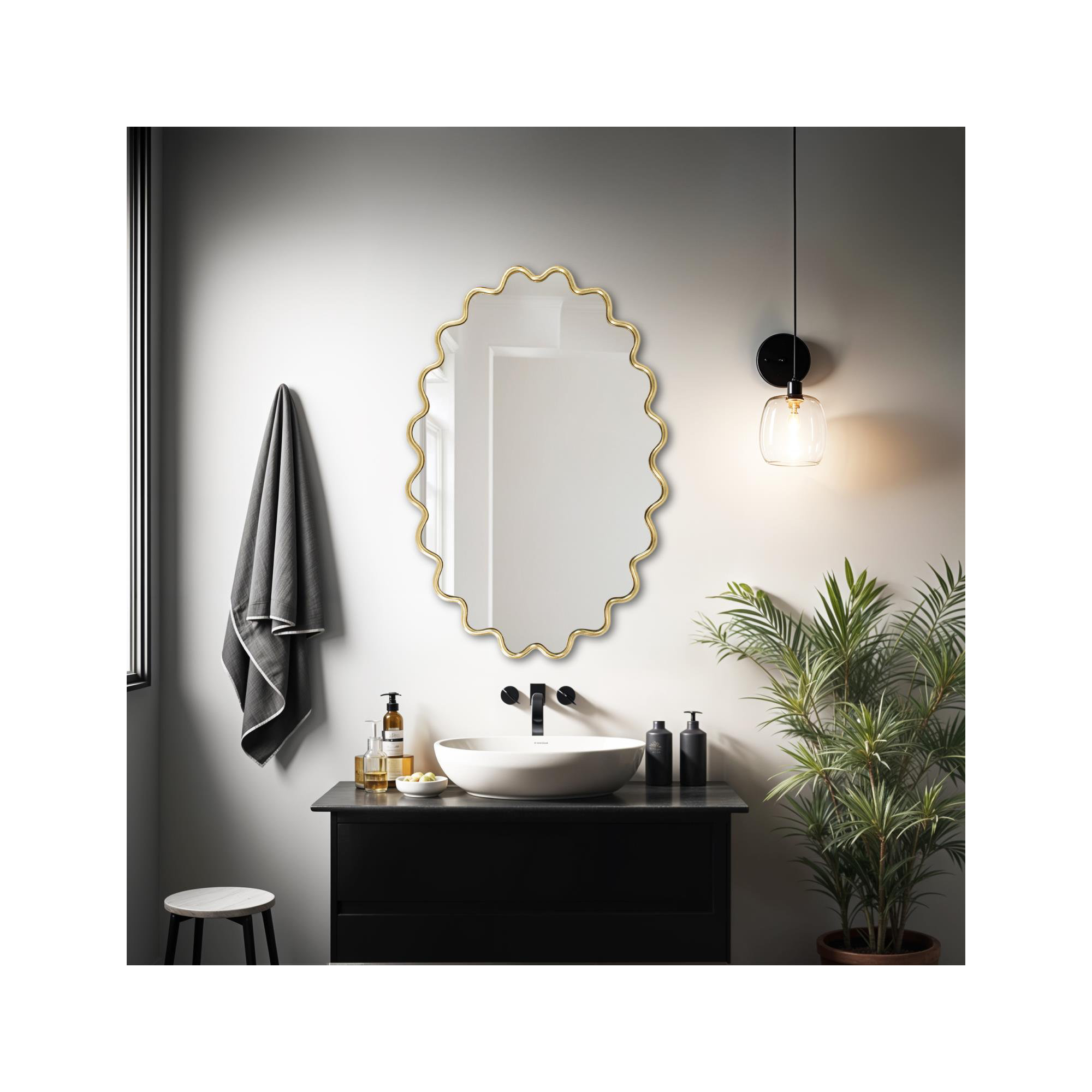 Modern Wavy Framed Oval Wall Mirror, Gold