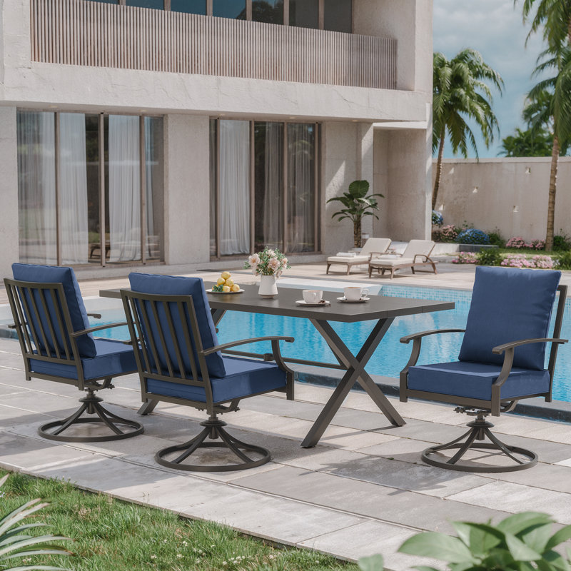 Gunars Outdoor Slat Back Swivel Rocker Patio Dining Armchair(Set Of 6), Navy