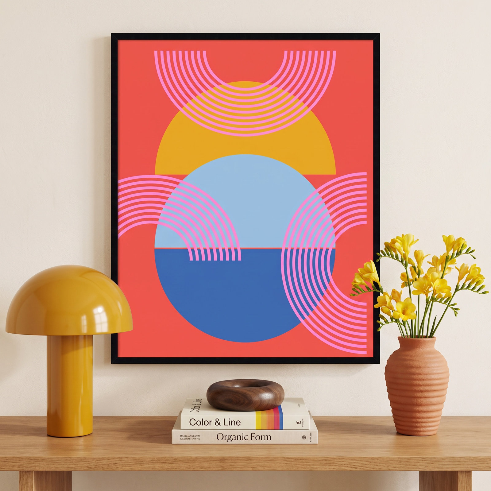 Shapes and Arches in Red Print, 41.25" H x 33.25" W x 0.88" D, Black