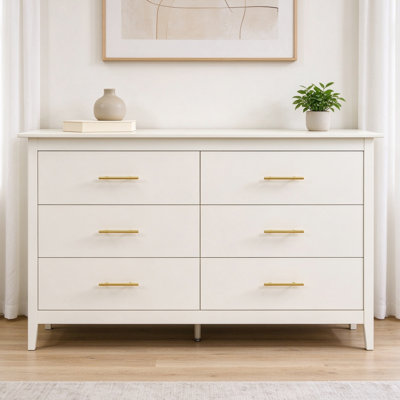 Wide 6 Drawer Chest of Drawers, Cashmere Bedroom Dresser with Gold Handles, Storage Cabinet with Raised Legs for Bedroom & Living Room