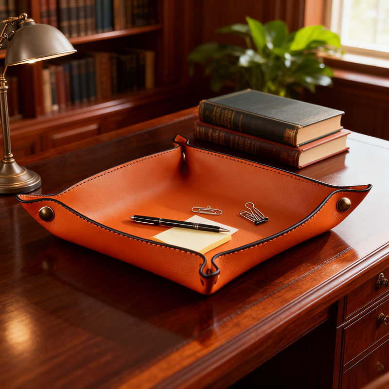 Lychee Pattern, Orange Square,Handmade Leather Tray For Jewelry And Watches, Waterproof And Scratch-Resistant Nordic Style Decorative Tray For Coffee Table, Snacks, Nuts, And Fruits Organization