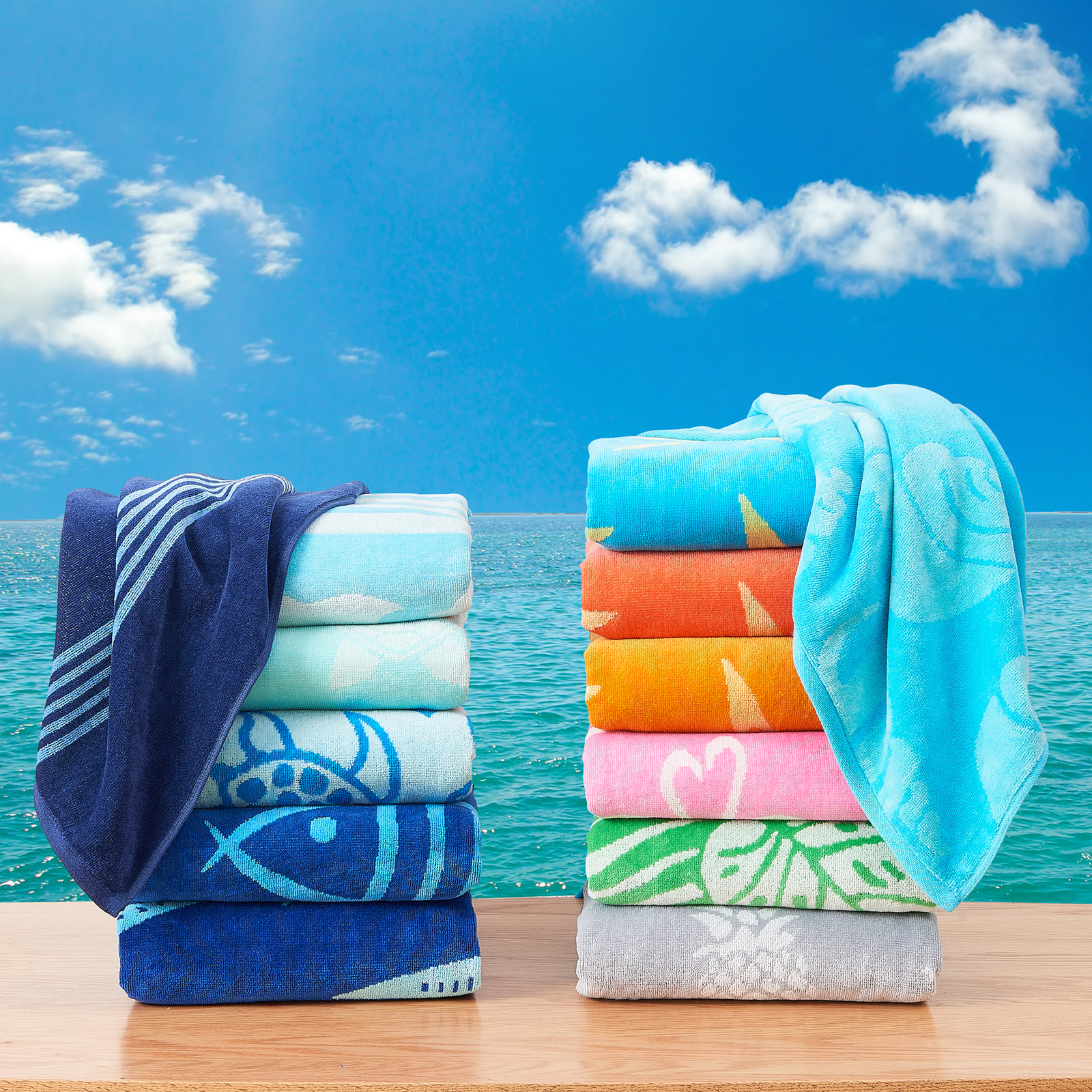 2-Piece Jacquard Cotton Beach Towel Set, Royal Blue/Teal Turtle & Stripe