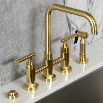 Kingston Brass Manhattan Two-Handle 4-Hole Deck Mount Bridge Kitchen Faucet with Brass Side Sprayer