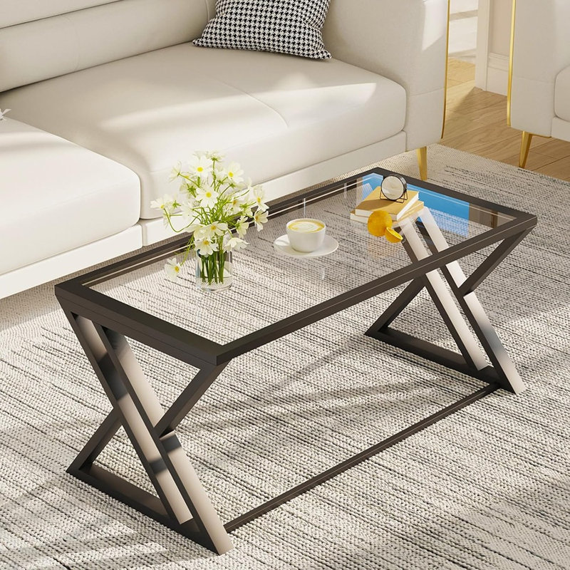 Modern Rectangular Glass Coffee Table For Living Room, Centre Table With Tempered Glass Top And Sturdy Metal Frame, Suitable For Bedroom, Home, Or Office Use