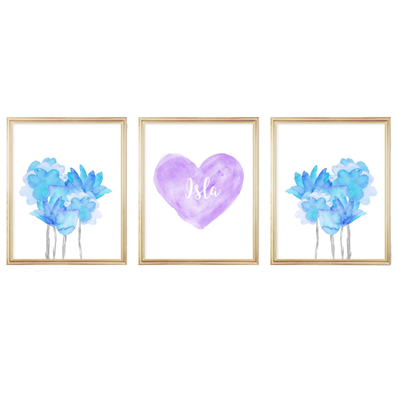 «Boho Flowers and Heart Art», ensemble de 3 impressions sur papier, H 10 po x l 8 po x P 0,06 po, Mauve
