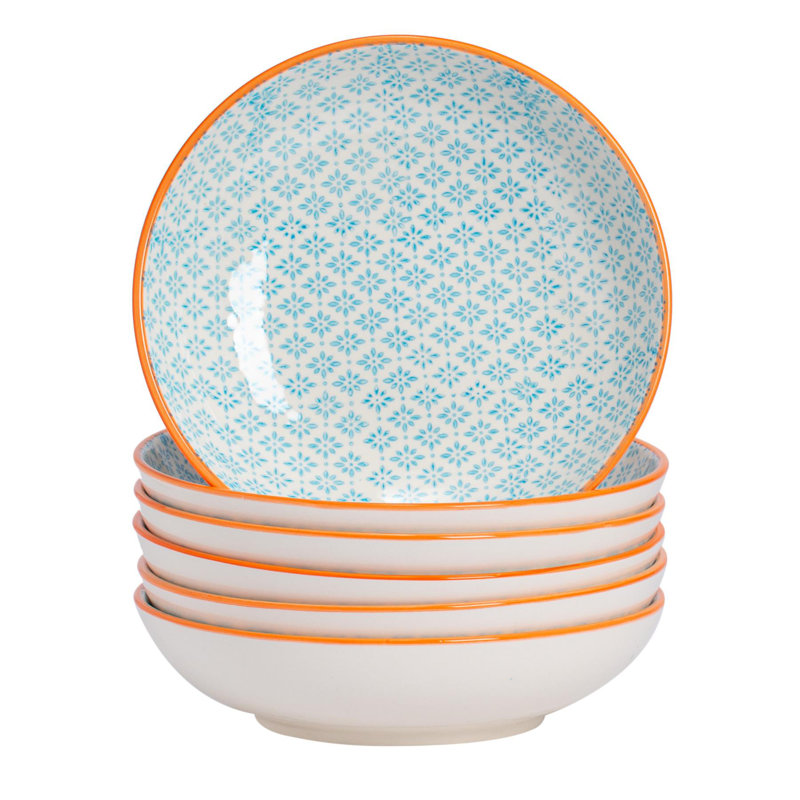 Nicola Spring - Hand-Printed Pasta Bowls - Blue - Set of 6