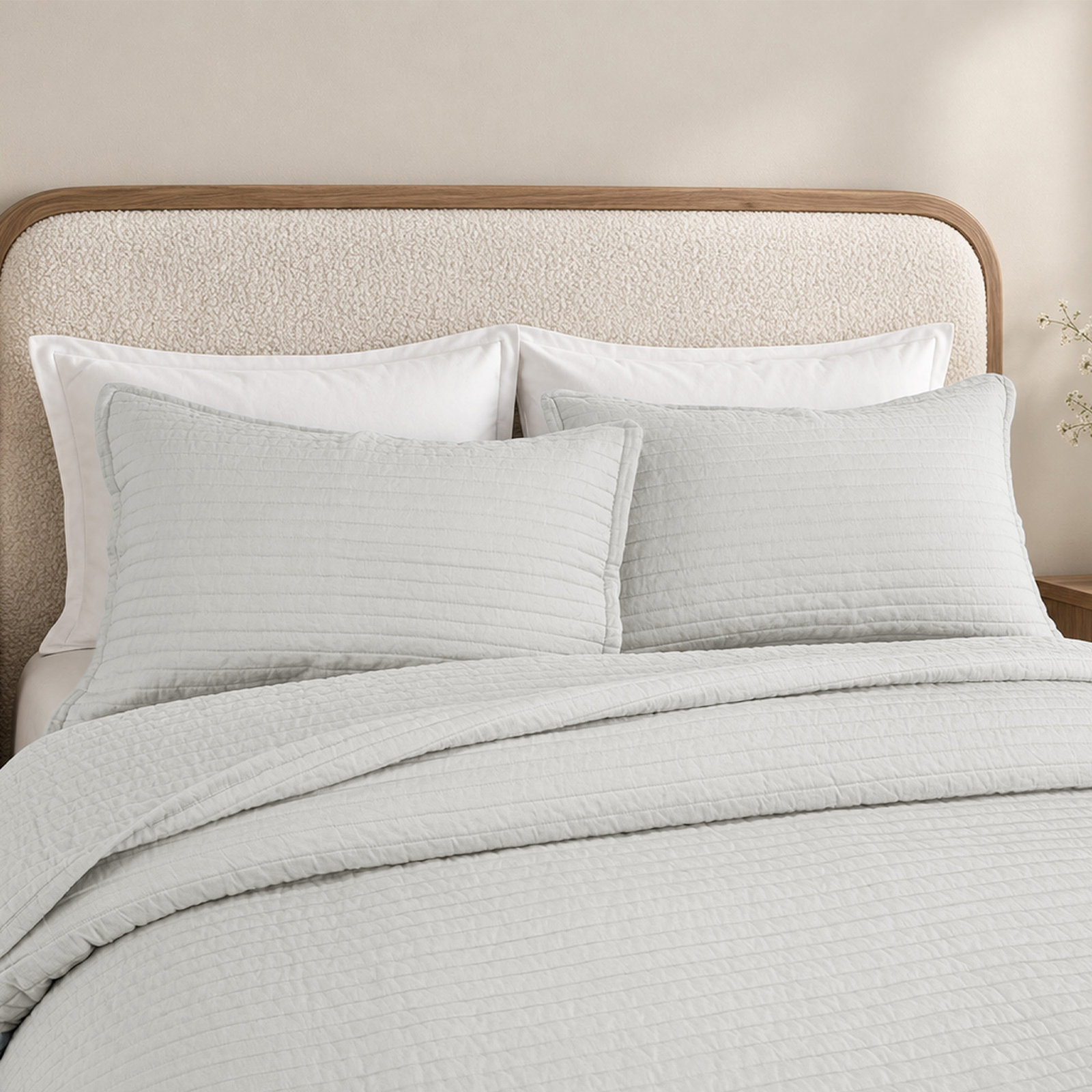 100% French Linen Channel Quilted Breathable Quilt Set With Shams, King Quilt + 2 King Shams, Light Gray