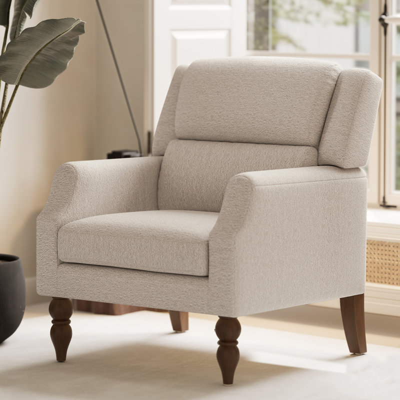 Mid Century Upholstered Accent Chair Wingback Armchair with Solid Wood Legs, Oatmeal Boucle