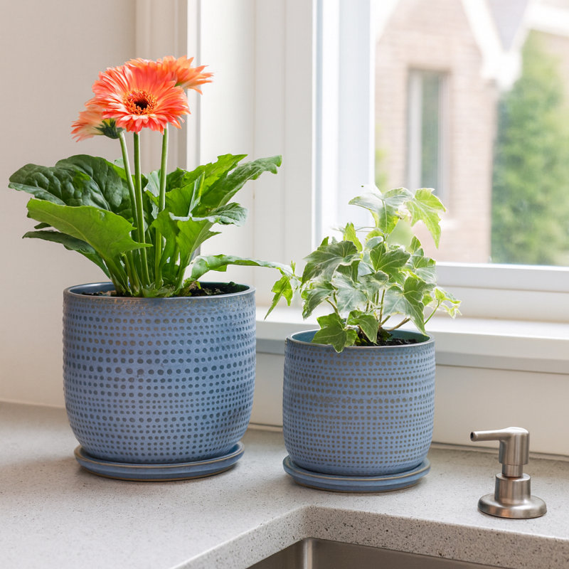 Decorative Round Indoor Planter With Saucer For Home Decor - Stylish Textured Flower Pot For Outdoor Patio Or Living Room Decor - Set Of 2, 6",  8"
