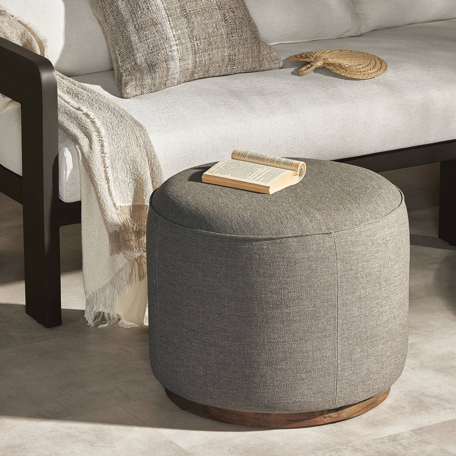 Devin Round Outdoor Ottoman with Cushion, Brown